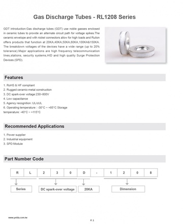 Gas Discharge Tubes - RL1208 Series 陶瓷氣體放電管