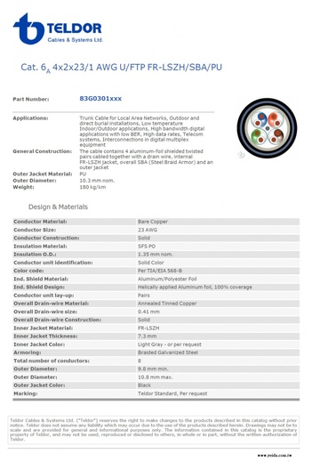 Cat. 6A 4x2x23/1 AWG U/FTP FR-LSZH/SBA/PU Outdoor and direct burial 鋼線鎧裝 室內外可直埋耐燃低煙無鹵PU外被鋁箔隔離4對網路線