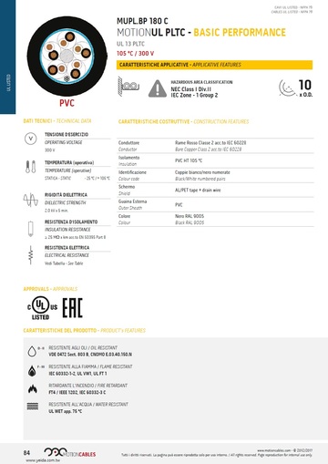 MUPL.BP 180 C, MOTIONUL PLTC - BP, UL13 PLTC Cable, 105 °C / 300V, 功率控制型托盤電纜 (耐油, 阻燃, 耐火, 防水)產品圖