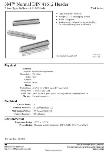 3M™ Normal DIN 41612 Header, 7064 Series 2 Row Type B (Rows A & B Filled), Right Angle Header產品圖