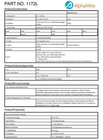 ALPHA-1172L Awg22 x 2C 300V -20 to 75°C FT4, IEC 60332-1, IEC 60754-1, IEC 60754-2, IEC 61034-2, UL - CMG,VW-1 低煙無鹵電纜產品圖