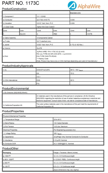 ALPHA-1173C Awg 22 x 3C UNSHIELDED 300V CA Prop 65, CSA CMG, CSA FT4, UL AWM 2576, UL CM, UL VW/1 通信与控制電纜產品圖