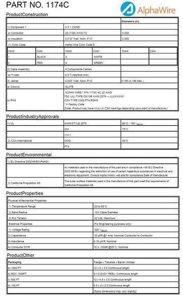 ALPHA-1174C Awg 22 x 4C UNSHIELDED 300V CA Prop 65, CSA CMG, CSA FT4, UL AWM 2576, UL CM, UL VW/1 通信与控制電纜產品圖