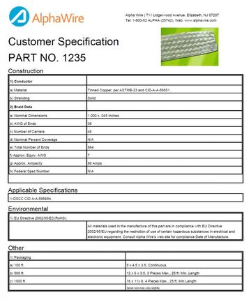 ALPHA-1235 Awg 7 88 Amps Tinned Copper, per ASTMB-33 and CID-A-A-59551 Braid 鍍錫編織銅帶