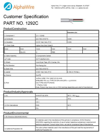 ALPHA-1292C PVC-PVC Awg22 x2C 300V FOIL Shielding CA Prop 65, CSA CMG, FT4, UL 2576, CM, VW/1 鋁箔隔離通信和控制电缆