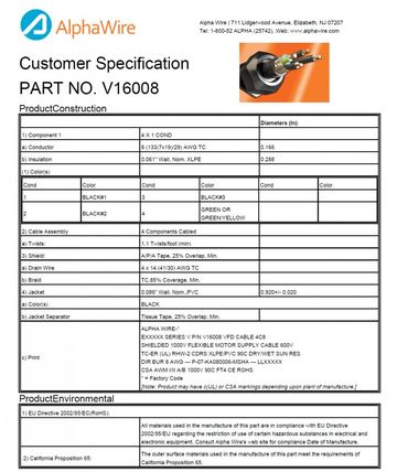 ALPHA-V16008 Awg 8 x 4C 600V FOIL/BRAID Shielding VFD WTTC, UL XHHW-RHW-2Wet/Dry V 系列變頻驅動器電纜