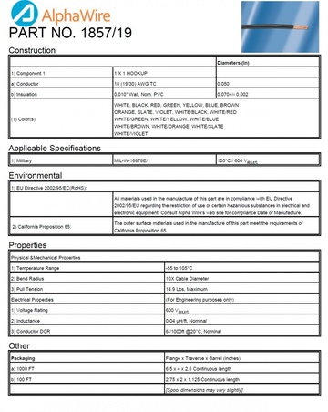 ALPHA-1857/19 Awg 18 600V CA Prop 65, MIL-W-16878E/1, 軍規電子線產品圖