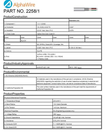 ALPHA-2258/1 Awg18 x1C SPIRAL Shielding 300V CA Prop 65, UL AWM 2095纏繞隔離通信和控制电纜產品圖