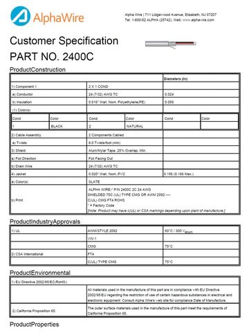 ALPHA-2400C PE-PVC Awg24 x2C 300V FOIL Shielding CA Prop 65, CSA CMG, FT4, UL 2092, VW/1 鋁箔隔離通信和控制电缆產品圖