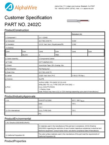 ALPHA-2402C PE-PVC Awg22 x2C 300V FOIL Shielding CA Prop 65, CSA CMG, FT4, UL 2092, VW/1 鋁箔隔離通信和控制电缆產品圖