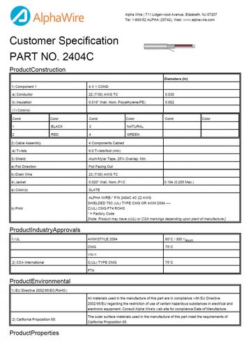 ALPHA-2404C PE-PVC Awg22 x4C 300V FOIL Shielding CA Prop 65, CSA CMG, FT4, UL 2092, VW/1 鋁箔隔離通信和控制电缆