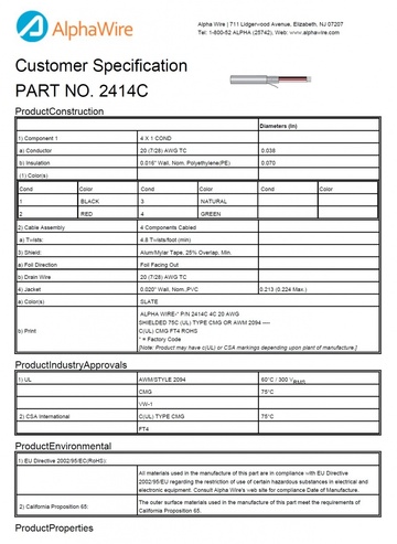 ALPHA-2414C PE-PVC Awg20 x4C 300V FOIL Shielding CA Prop 65, CSA CMG, FT4, UL 2092, VW/1 鋁箔隔離通信和控制电缆產品圖