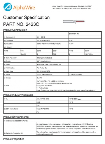 ALPHA-2423C PE-PVC Awg18 x3C 300V FOIL Shielding CA Prop 65, CSA CMG, FT4, UL 2092, VW/1 鋁箔隔離通信和控制电缆產品圖