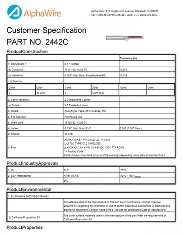 ALPHA-2442C PE-PVC Awg14 x2C 150V FOIL Shielding CA Prop 65, CSA AWM II A, CSA FT4, UL CL2 鋁箔隔離通信和控制电缆產品圖