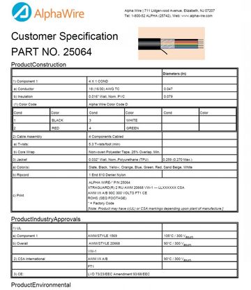 ALPHA-25064 Awg18 x 4C 300V CA Prop 65, CE, CSA I/II A/B, CSA FT1, UL 10002, UL 20668, VW/1 PVC-TPU 耐磨 Xtra-Guard® 2 高性能电缆產品圖