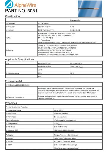 ALPHA3051 Awg 22 CA Prop 65, CSA FT1, CSA TR 64, UL AWM 1007, UL AWM 1569, UL VW-1 電子線產品圖
