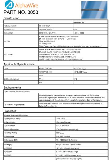 ALPHA3053 Awg 20 CA Prop 65, CSA FT1, CSA TR 64, UL AWM 1007, UL AWM 1569, UL VW-1 電子線產品圖
