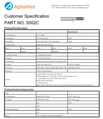 ALPHA5002C Awg22 x 2C 300V CA Prop 65, CE, CSA CMG, FT4, UL 10002, UL 2464, CM, VW/1 Xtra-Guard® 1 高性能电缆產品圖