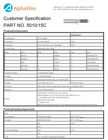 ALPHA-5010/15C Awg22 x 15C 300V CA Prop 65, CE, CSA CMG, FT4, UL 10002, UL 2464, CM, VW/1 Xtra-Guard® 1 高性能电缆產品圖