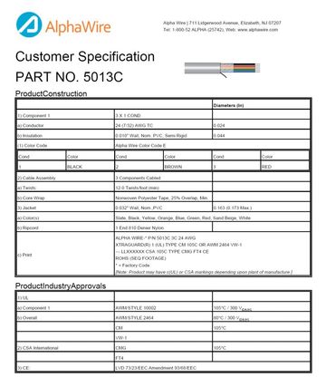 ALPHA-5013C Awg24 x 3C 300V CA Prop 65, CE, CSA CMG, FT4, UL 10002, UL 2464, CM, VW/1 Xtra-Guard® 1 高性能电缆產品圖