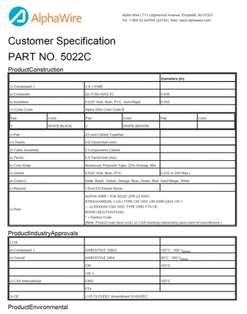 ALPHA5022C Awg22 x 2Pair 300V CA Prop 65, CE, CSA CMG, FT4, UL 10002, UL 2464, CM, VW/1 Xtra-Guard® 1 高性能电缆產品圖