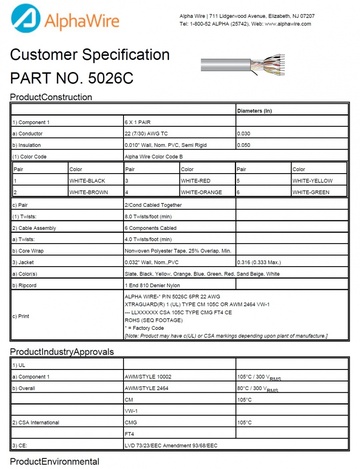 ALPHA-5026C Awg22 x 6Pair 300V CA Prop 65, CE, CSA CMG, FT4, UL 10002, UL 2464, CM, VW/1 Xtra-Guard® 1 高性能电缆