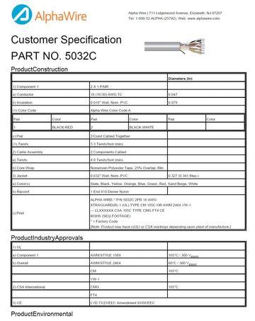 ALPHA-5032C Awg18 x 2Pair 300V CA Prop 65, CE, CSA CMG, FT4, UL 1569, UL 2464, CM, VW/1 Xtra-Guard® 1 高性能电缆