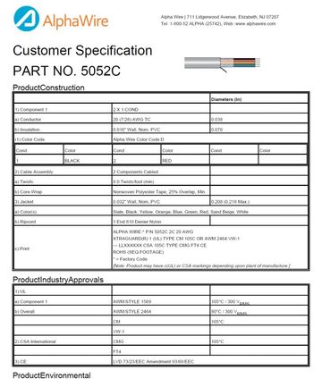 ALPHA-5052C Awg20 x 2C 300V CA Prop 65, CE, CSA CMG, FT4, UL 1569, UL 2464, CM, VW/1 Xtra-Guard® 1 高性能电缆產品圖