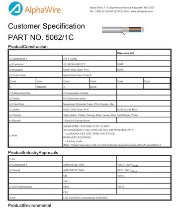 ALPHA-5062/1C Awg18 x 2C 300V CA Prop 65, CE, CSA CMG, FT4, UL 1569, UL 2464, CM, VW/1 Xtra-Guard® 1 高性能电缆