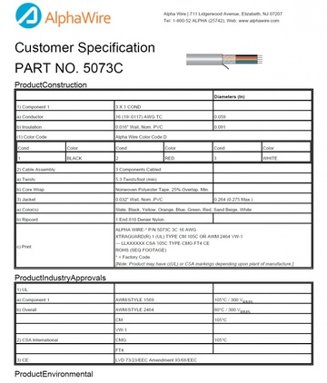 ALPHA-5073C PVC-PVC Awg16 x 3C 300V CA Prop 65, CE, CSA CMG, FT4, UL AWM 1569, UL 2464, CM, VW/1 Xtra-Guard® 1 高性能电缆產品圖