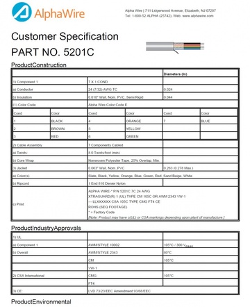 ALPHA-5201C PVC-PVC Awg24 x 7C 300V CA Prop 65, CE, CSA CMG, CSA FT4, UL 10002, UL 2343, CM, VW/1 Xtra-Guard® 1 高性能电缆