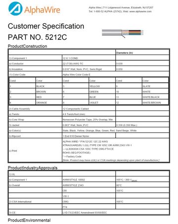 ALPHA-5212C Awg22 x 12C 300V CA Prop 65, CE, CSA CMG, CSA FT4, UL 10002, UL 2343, CM, VW/1 Xtra-Guard® 1 高性能电缆