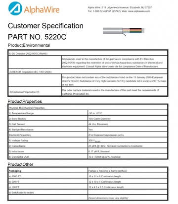 ALPHA-5220C UNSHIELDED Awg20x5C PVC 300V CA Prop 65, CE, CSA CMG, FT4, UL 10002, UL 2343, CM, VW/1 Xtra-Guard® 1 高性能电缆產品圖