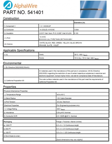 ALPHA-541401 Awg14 Solid 600V CA Prop 65, UL THHN, UL THWN PVC/NYLON尼龍被覆電線產品圖