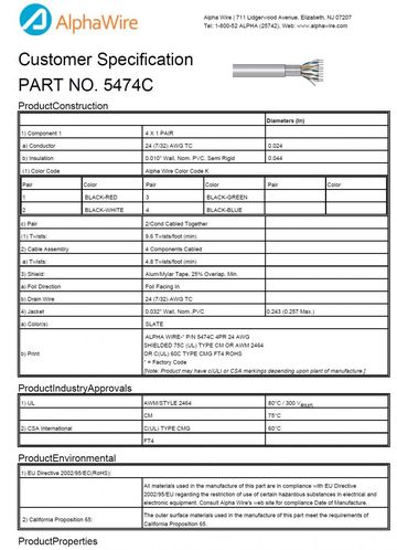 ALPHA-5474C Awg24 x4Pair Foil Shield 300V CA Prop 65, CSA CMG, FT4, UL 2464, CM 鋁箔隔離信號控制電纜產品圖