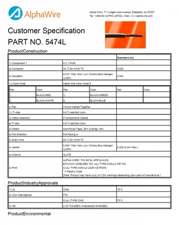 ALPHA-5474L Awg24 x4Pair LSZH Foil Shield 300V -20 to 75°C FT4, IEC 60332-1, IEC 60754-1, IEC 60754-2, IEC 61034-2, UL - CMG,VW-1 低煙無鹵鋁箔隔離信號控制電纜