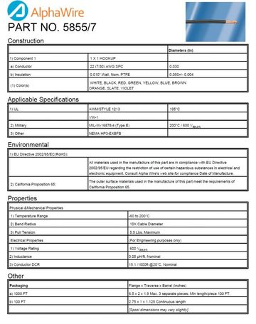 ALPHA-5855/7 Awg22 600V PTFE CA Prop 65, MIL-W-16878E Type E, NEMA HP3-EXBEE, UL AWM 1213, UL VW-1 軍規鐵氟龍電子線產品圖