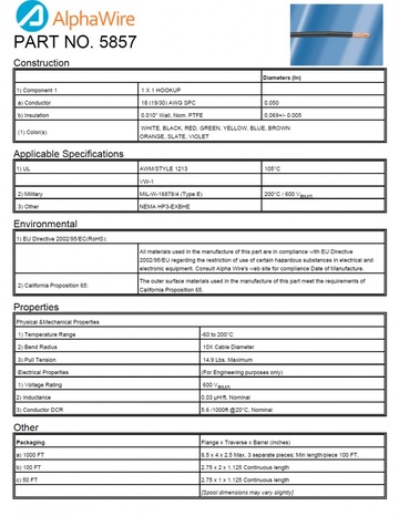 ALPHA-5857 Awg18 600V PTFE CA Prop 65, MIL-W-16878E Type E, NEMA HP3-EXBHE, UL AWM 1213, UL VW-1 軍規鐵氟龍電子線產品圖