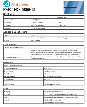 ALPHA-5859/12 Awg12 600V PTFE CA Prop 65, MIL-W-16878E Type E, NEMA HP3-EXBKE, UL VW-1 軍規鐵氟龍電子線產品圖