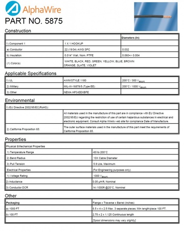 ALPHA-5875 Awg22 1,000V PTFE CA Prop 65, MIL-W-16878E-TYPE EE, NEMA HP3-EEXBEE, UL AWM 1180 軍規鐵氟龍電子線產品圖