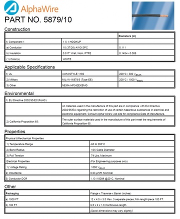ALPHA-5879/10 Awg 10 1,000V PTFE CA Prop 65, MIL-W-16878E-TYPE EE, NEMA HP3-EEXBEE, UL AWM 1180 軍規鐵氟龍電子線產品圖