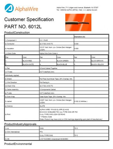 ALPHA-6012L Awg22 x6Pair LSZH Ind Foil Shield 300V -20 to 75°C FT4, IEC 60332-1, IEC 60754-1, IEC 60754-2, IEC 61034-2, UL - CMG,VW-1 低煙無鹵鋁箔隔離信號控制電纜產品圖