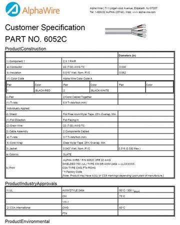 ALPHA-6052C Awg22 x2Pair Foil Shield 300V CA Prop 65, CSA CMG, FT4, UL 2464, CM, VW/1 PVC-PVC 個別鋁箔,地線隔離信號控制電纜產品圖