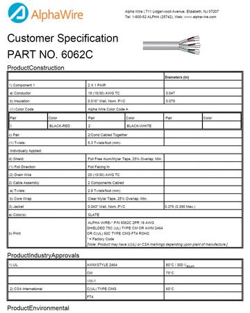 ALPHA-6022C Awg18 x2Pair Foil Shield 300V CA Prop 65, CSA CMG, FT4, UL 2464, CM, VW/1 PVC-PVC 個別鋁箔,地線隔離信號控制電纜產品圖