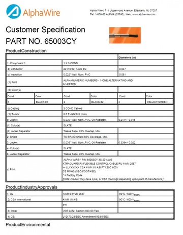 ALPHA-65003CY Awg20 x 3C 600V BRAID Shielding Light-to-Moderate Flex Control 超柔軟高性能电缆