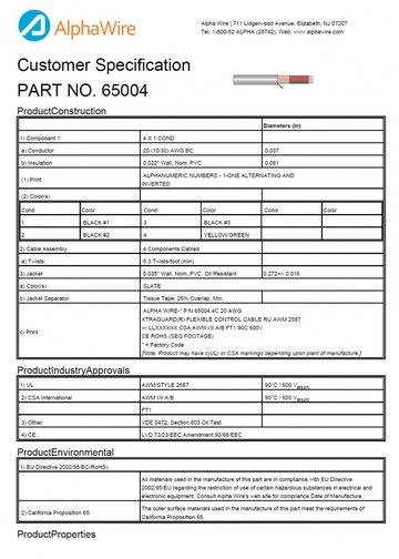 ALPHA-65004 Awg20 x 4C 600V UNSHIELDED Light-to-Moderate Flex Control 柔性高性能电缆