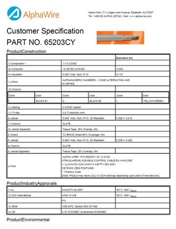 ALPHA-65203CY Awg12x3C BRAID Light-to-Moderate Flex Control UL AWM 2587, VDE 0472 Section 803 Oil Test 銅網隔離柔性移動式電纜  部產品圖