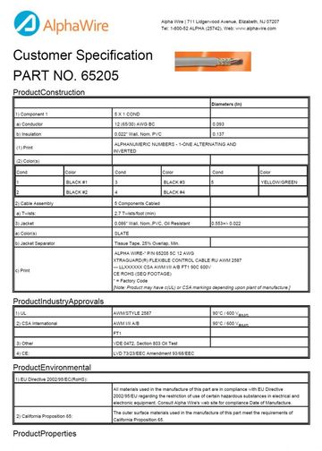 ALPHA-65205 Awg12 x 5C 600V UNSHIELDED Light-to-Moderate Flex Control UL 2587, VDE 0472 Section 803 Oil Test 柔性高性能电缆產品圖