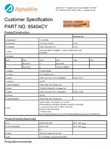 ALPHA-65404CY Awg14x4C BRAID Light-to-Moderate Flex Control UL 2587, VDE 0472 Section 803 Oil Test 銅網隔離柔性移動式電纜