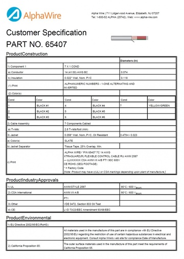 ALPHA-65407 Awg14 x 7C 600V UNSHIELDED UL2587 Light-to-Moderate Flex Control 柔性移動式高性能电缆